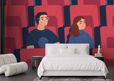 Young spectator couple, friends watch film at empty cinema auditorium, hall. Man and woman spend time together at movie theatre. Romantic date scene. People portrait. Flat vector cartoon illustration Wall mural