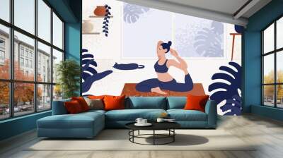 Young woman sitting in yoga posture and meditating. Girl performing aerobics exercise and morning meditation at home. Physical and spiritual practice. Vector illustration in flat cartoon style. Wall mural