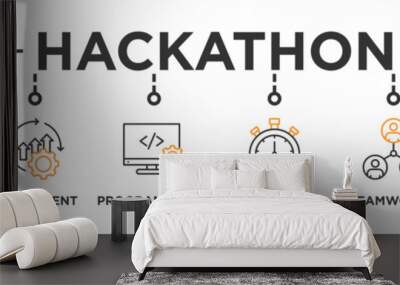 Hackathon banner web icon vector illustration concept for design sprint-like social coding event with icon of brainstorm, development, programming, timing, speed, teamwork, and goal Wall mural