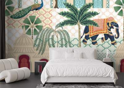 Elephant, peacock, palms and architecture in the town oriental seamless pattern. Indian wallpaper. Wall mural