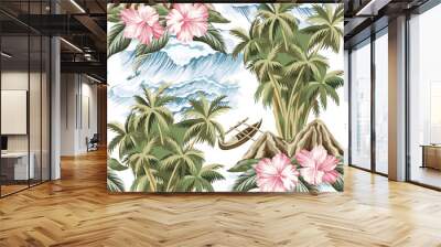 Hawaiian vintage island, palm tree, boat, pink hibiscus and sea waves summer floral seamless pattern.Exotic jungle wallpaper. Wall mural