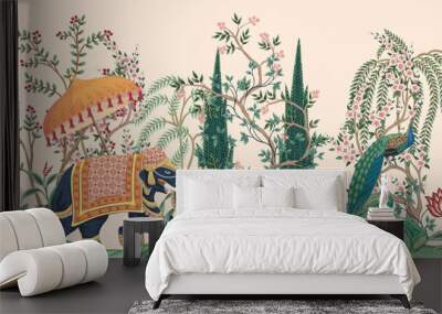 Indian elephant, peacock, tree, flower , plant floral seamless border pink background. Vintage botanical garden mural. Wall mural