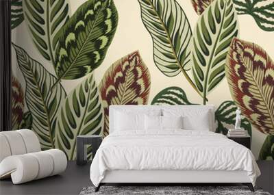 Tropical floral foliage palm leaves seamless pattern beige background. Exotic jungle wallpaper. Wall mural