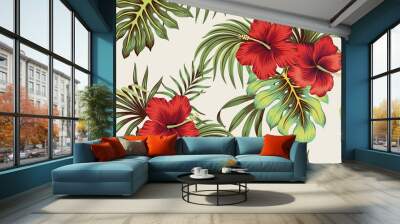 Tropical Hawaiian vintage red hibiscus floral green leaves seamless pattern white background. Exotic jungle wallpaper. Wall mural