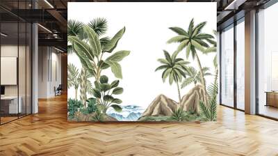 Tropical jungle palm trees, banana tree, green plants floral seamless border white background. Hawaiian island and sea waves wallpaper.	 Wall mural