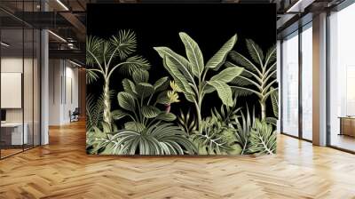 Tropical night vintage palm tree, banana tree and plant floral seamless border black background. Exotic dark jungle wallpaper. Wall mural