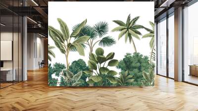 Tropical vintage botanical palm trees, banana tree, green plants floral seamless border white background. Exotic jungle wallpaper.	 Wall mural