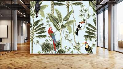 Tropical vintage palm trees, liana, macaw parrot, toucan bird floral seamless pattern blue background. Exotic jungle wallpaper. Wall mural