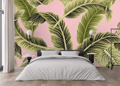 Tropical vintage vector green banana leaves floral seamless pattern pink background. Exotic jungle wallpaper. Wall mural