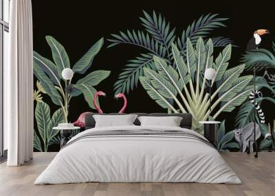 Tropical vintage wild animals, birds, palm tree, banana tree and plant floral seamless border black background. Exotic jungle wallpaper. Wall mural