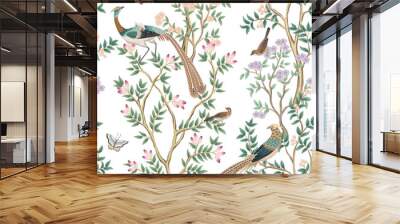 Vintage botanical garden tree, Chinese birds, butterfly floral seamless pattern. Exotic chinoiserie wallpaper. Wall mural