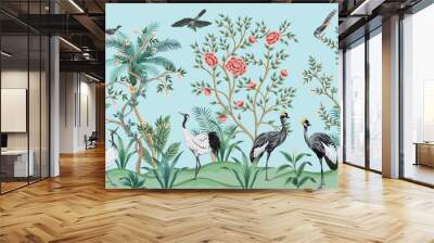 Vintage botanical garden tree, crane, tropical palm, plant floral seamless border blue background. Exotic chinoiserie mural.	 Wall mural