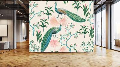 Vintage garden tree, peacock, palm leaves floral seamless pattern light background. Floral chinoiserie wallpaper. Wall mural