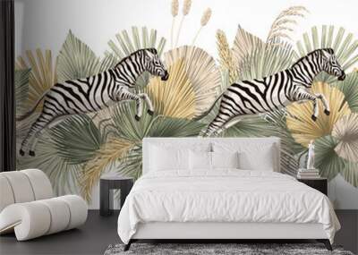 Vintage tropical palm leaves, zebra animal floral seamless border white background. Exotic safari wallpaper. Wall mural