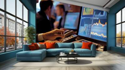 Close-up of financial data analysis on monitors. Wall mural