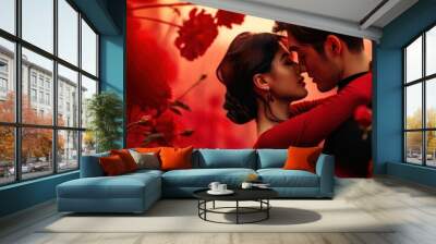 Couple embracing among red flowers Wall mural