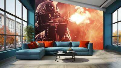 Firing soldier in tactical gear with rifle fire Wall mural