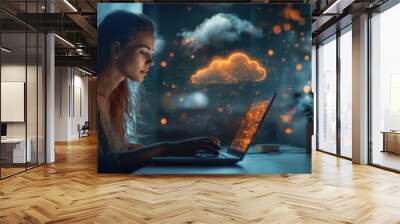 Focused woman engaging with digital cloud display Wall mural