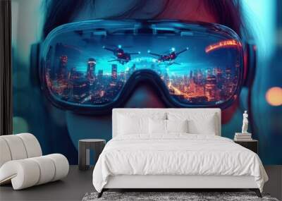 Futuristic goggles reflecting a cityscape with drones Wall mural