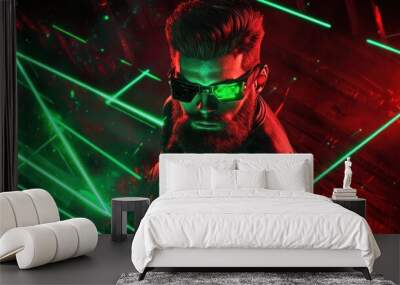 Man in leather with green lasers and red background Wall mural