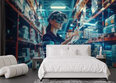 Technician with futuristic interface in warehouse Wall mural