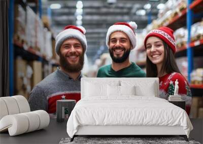 Three friends in holiday sweaters smiling in warehouse Wall mural