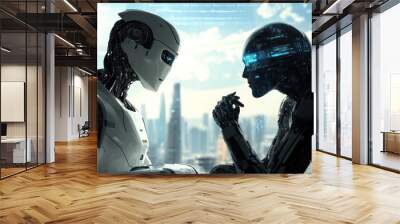 Two futuristic robots interacting in urban environment Wall mural