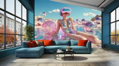 Woman in holographic swimsuit with VR headset in water Wall mural