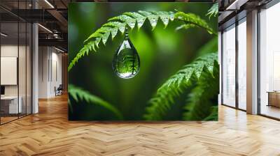 Hyper-Realistic Macro Raindrop on Fern in Tropical Rainforest Wall mural