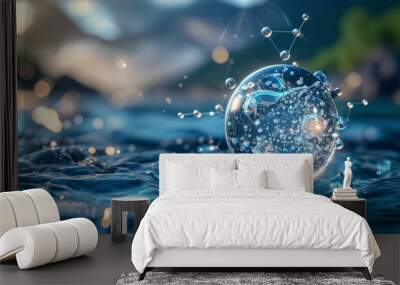 Illustration of a water molecule with elements of nature inside, Water, sphere, light, bubbles, network, blue, ripples, abstract, background. Wall mural