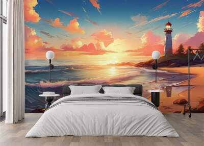 Tranquil beach with a lighthouse and gentle waves at dawn, peaceful and hopeful Wall mural