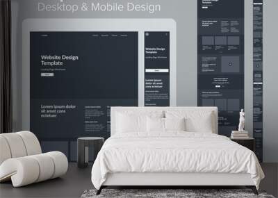 Design website dark mode. Desktop and mobile wireframe. Landing page template. Wall mural