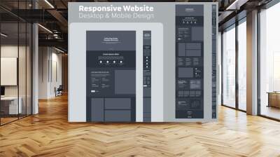 Design website dark mode. Desktop and mobile wireframe. Landing page template. Wall mural