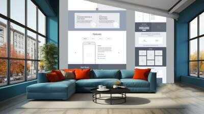 Landing page wireframe design for business. One page website layout template. Modern responsive design. Ux ui website: features, form, statistics, gallery, how it works, testimonials. Wall mural