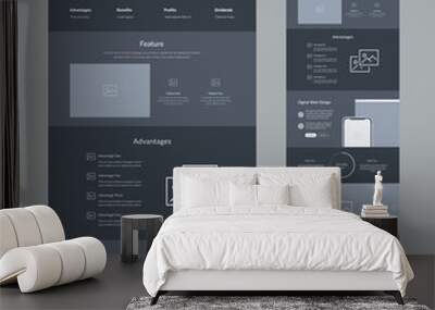 Landing wireframe. Dark design for business. One page website layout template. Modern responsive UI UX site design. Wall mural