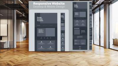 website design dark mode. responsive desktop and mobile wireframe. landing page template. Wall mural