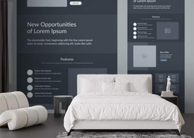 Website template design. Dark landing page site wireframe. One page site layout interface for your company. Wall mural