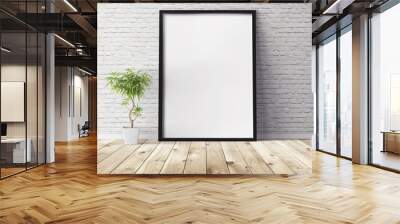 White poster on floor with blank frame mockup for you design. Layout mockup. Wall mural