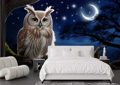 An owl perched on a tree branch at night. Wall mural