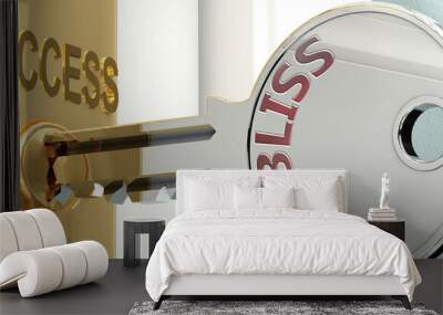 Bliss and success - pictured as word Bliss on a key, to symbolize that Bliss helps achieving success and prosperity in life and business, 3d illustration Wall mural