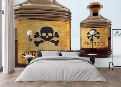 Dangers and harms of strychnine pictured as a poison bottle with word strychnine, symbolizes negative aspects and bad effects of unhealthy strychnine, 3d illustration Wall mural