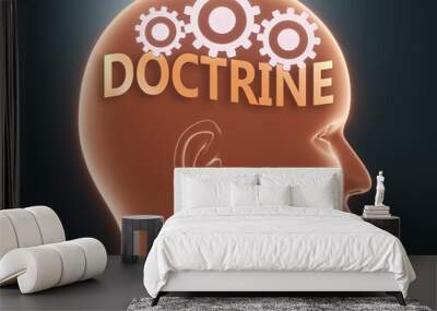 Doctrine inside human mind - pictured as word Doctrine inside a head with cogwheels to symbolize that Doctrine is what people may think about and that it affects their behavior, 3d illustration Wall mural