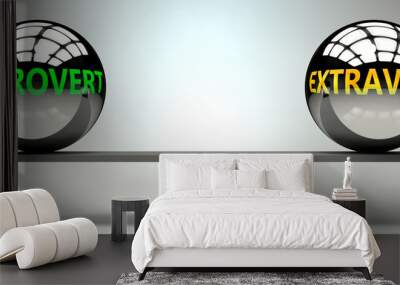 Introvert and extravert balance, harmony and relation pictured as two equal balls with  text words showing abstract idea and symmetry between two symbols and real life concepts, 3d illustration Wall mural