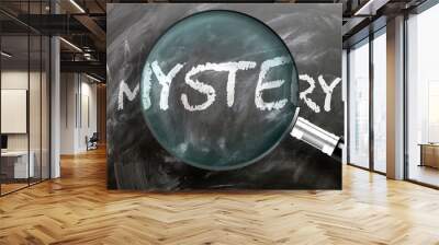 Learn, study and inspect mystery - pictured as a magnifying glass enlarging word mystery, symbolizes researching, exploring and analyzing meaning of mystery, 3d illustration Wall mural