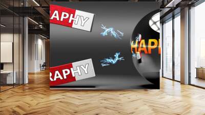 Photography leads to happiness, joy and pleasure - this abstract idea is pictured as a red magnet with two big Photography logo attracting a shiny, metal sphere with word happiness., 3d illustration Wall mural