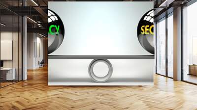 Privacy and security balance, harmony and relation pictured as two equal balls with  text words showing abstract idea and symmetry between two symbols and real life concepts, 3d illustration Wall mural