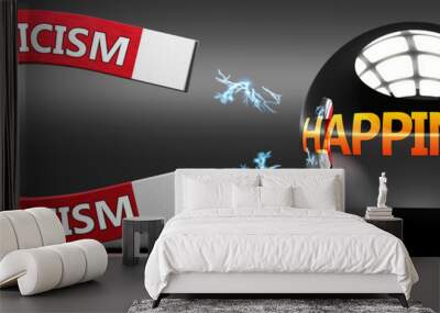 Stoicism leads to happiness, joy and pleasure - this abstract idea is pictured as a red magnet with two big Stoicism logo attracting a shiny, metal sphere with word happiness., 3d illustration Wall mural