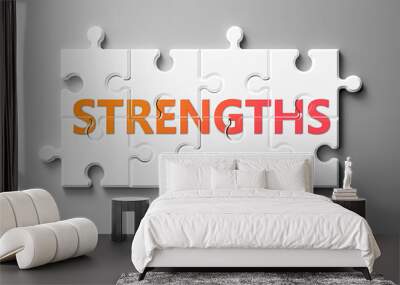 Strengths complex like a puzzle - pictured as word Strengths on a puzzle pieces to show that Strengths can be difficult and needs cooperating pieces that fit together, 3d illustration Wall mural