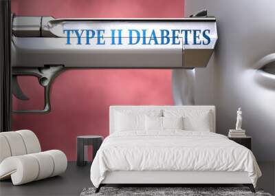 Type ii diabetes can be dangerous - pictured as word Type ii diabetes on a pistol terrorizing a person to show that it can be unsafe or unhealthy, 3d illustration Wall mural