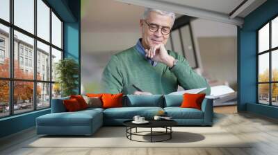  Modern senior man working on laptop at home Wall mural